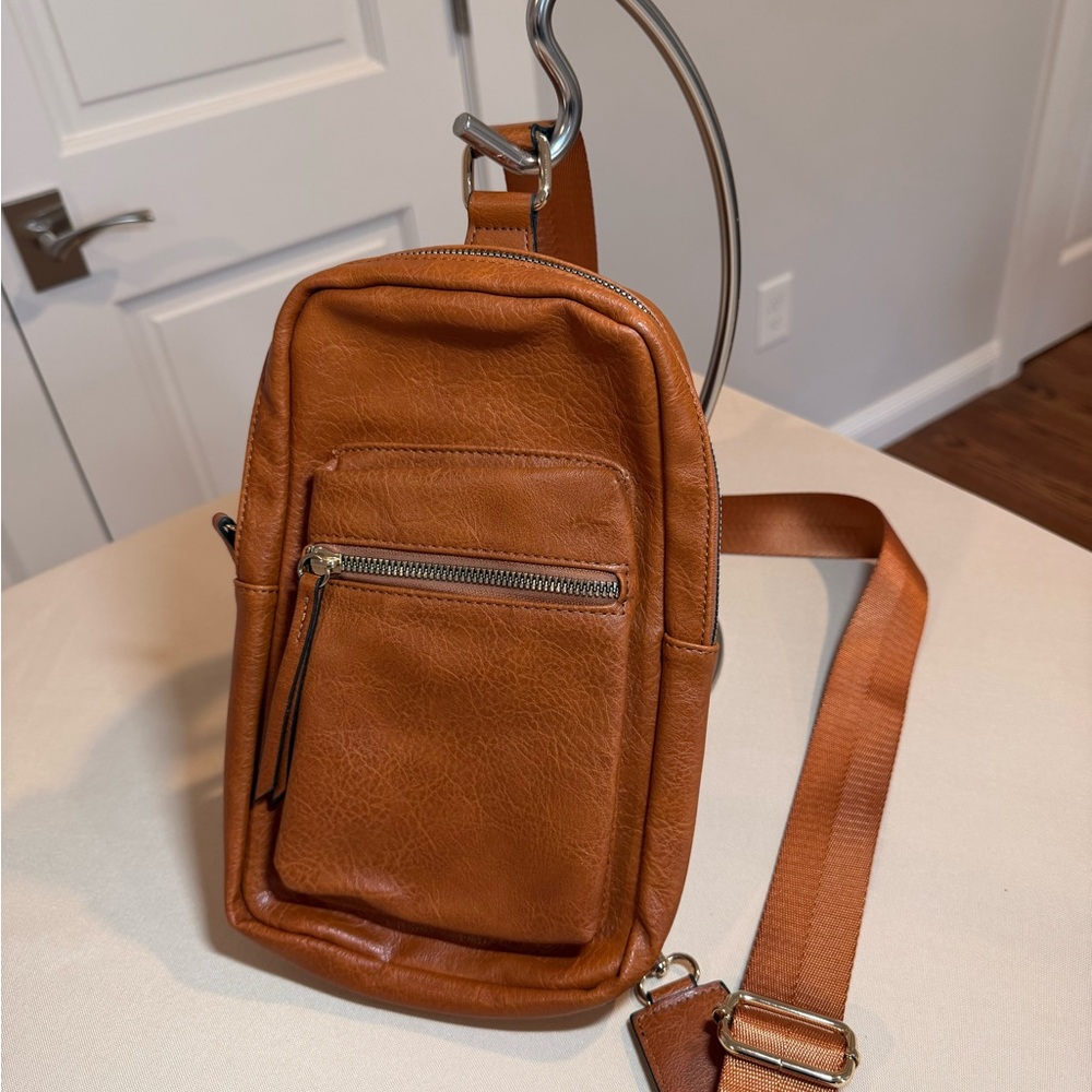 Cognac Brown Sling Crossbody Bag, Mini Backpack Style Travel Purse